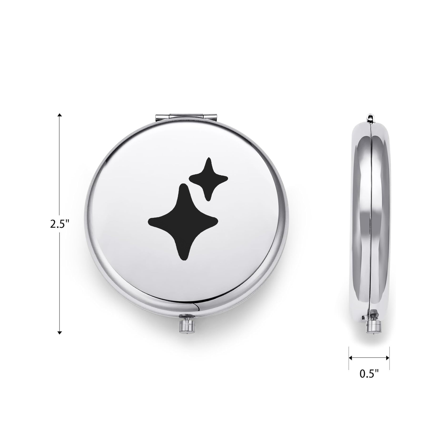 Compact mirror with star design and dimensions on a white background