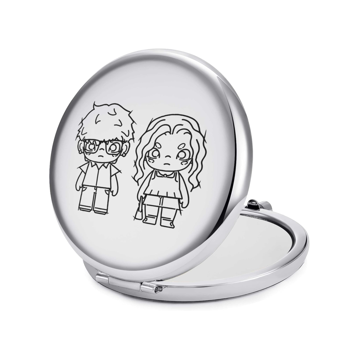 Compact mirror with custom characters on a white background