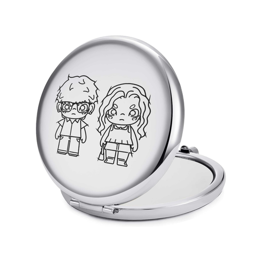 Compact mirror with custom characters on a white background